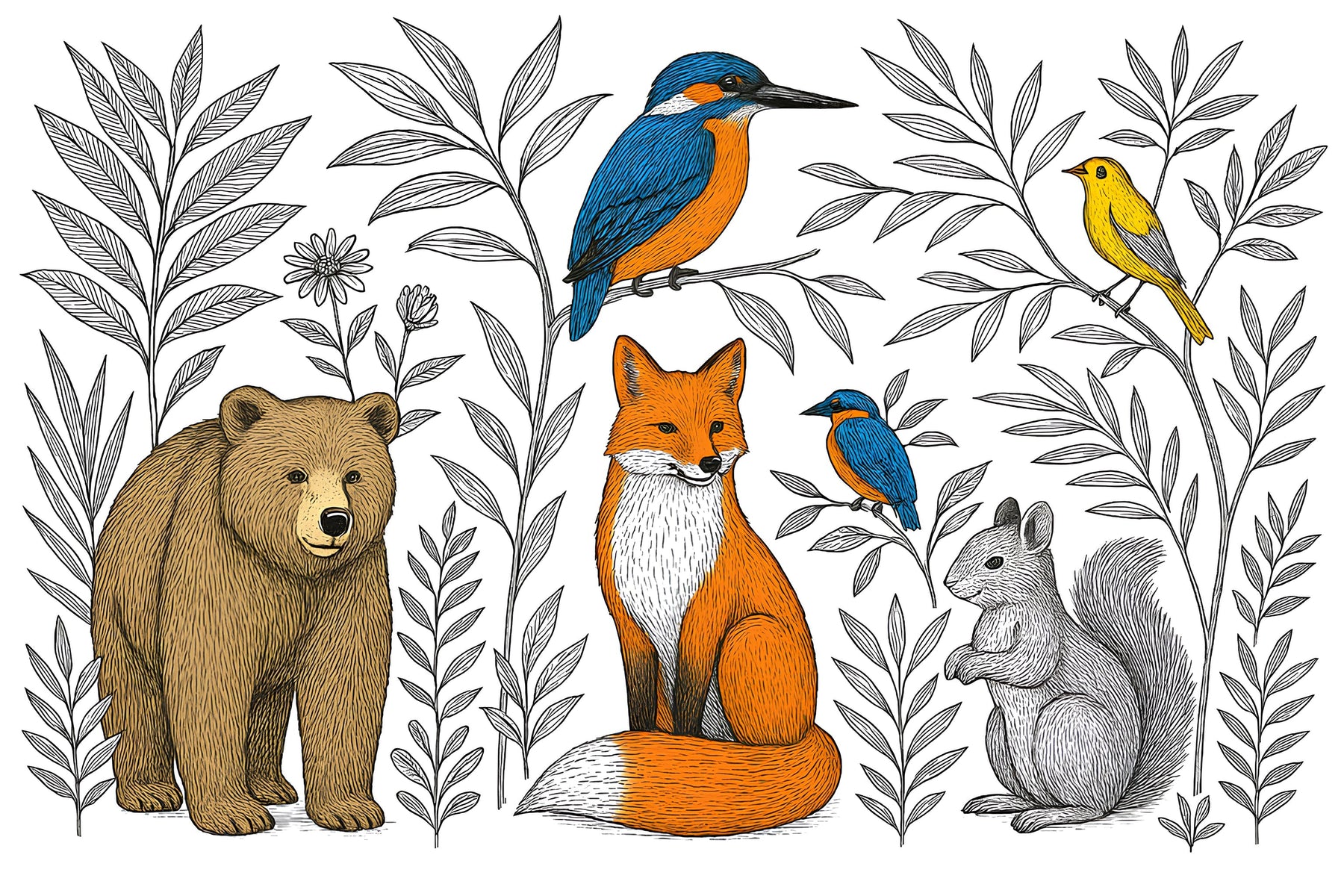 Detailed forest animals mural wallpaper design pattern with bear fox and birds by Kids-Mundo