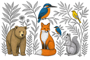 Detailed forest animals mural wallpaper design pattern with bear fox and birds by Kids-Mundo
