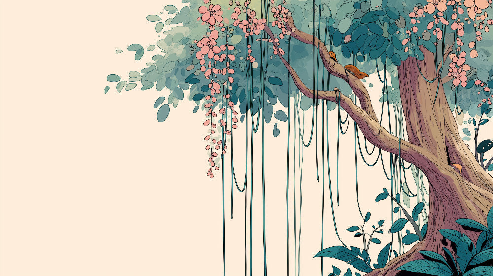 Detailed forest animals and majestic tree mural wallpaper design pattern by Kids-Mundo