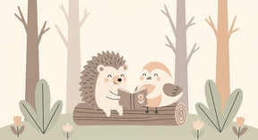 Detailed forest animals mural wallpaper design pattern with hedgehog and bird by Kids-Mundo
