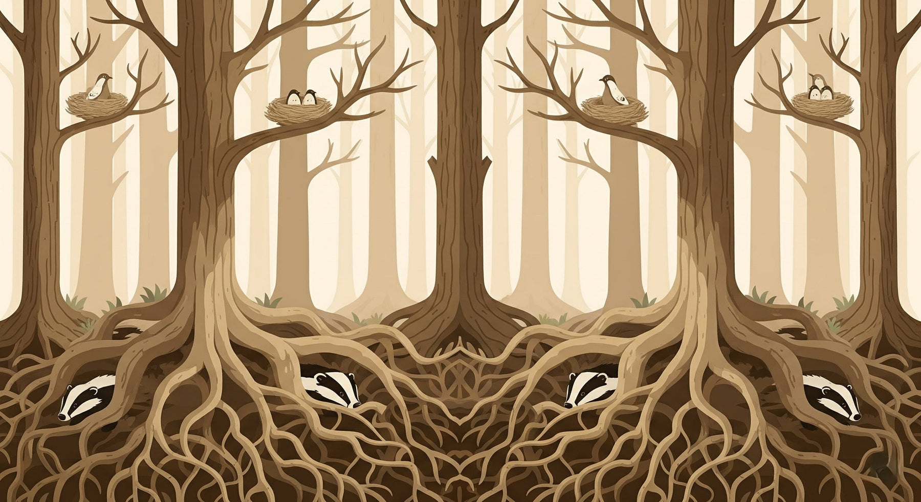Detailed forest animals mural wallpaper design pattern with badgers, birds and trees by Kids-Mundo