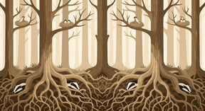 Detailed forest animals mural wallpaper design pattern with badgers, birds and trees by Kids-Mundo