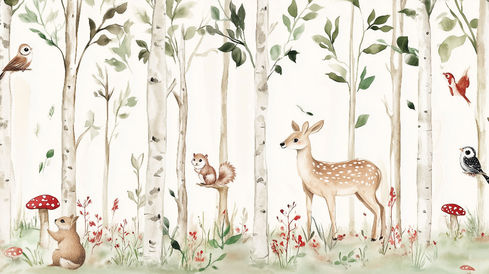 Detailed enchanted forest animals mural wallpaper design pattern with woodland creatures by Kids-Mundo