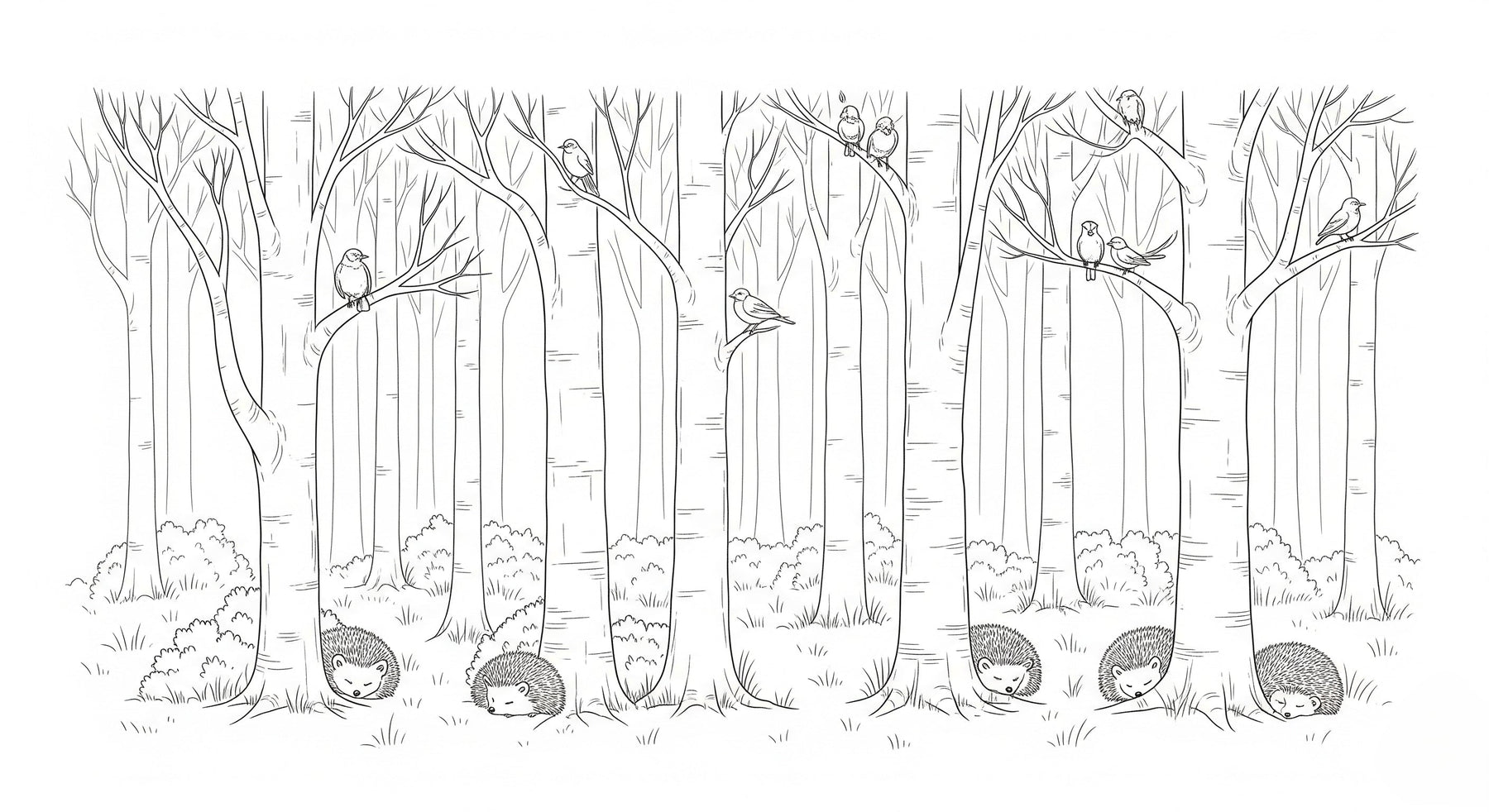 Detailed forest animals mural wallpaper design pattern with hedgehogs and birds by Kids-Mundo