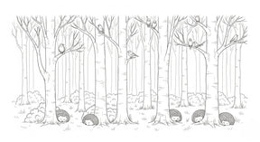 Detailed forest animals mural wallpaper design pattern with hedgehogs and birds by Kids-Mundo