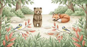 Detailed forest animals mural wallpaper design pattern with bear fox and birds by Kids-Mundo