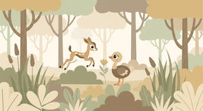 Detailed forest animals mural wallpaper design pattern with fawn and fox by Kids-Mundo