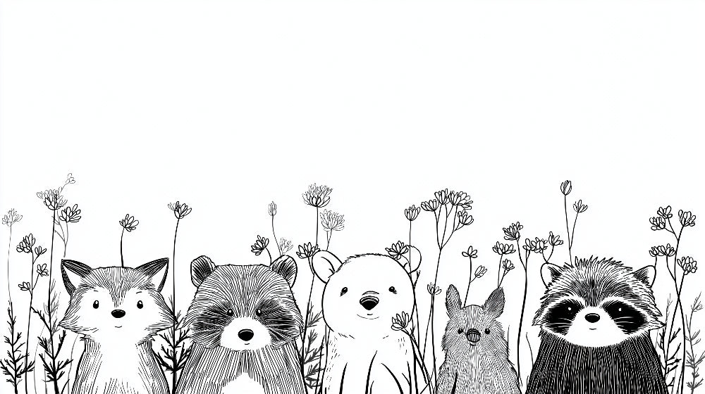 Detailed forest animals mural wallpaper design pattern with woodland creatures and flowers