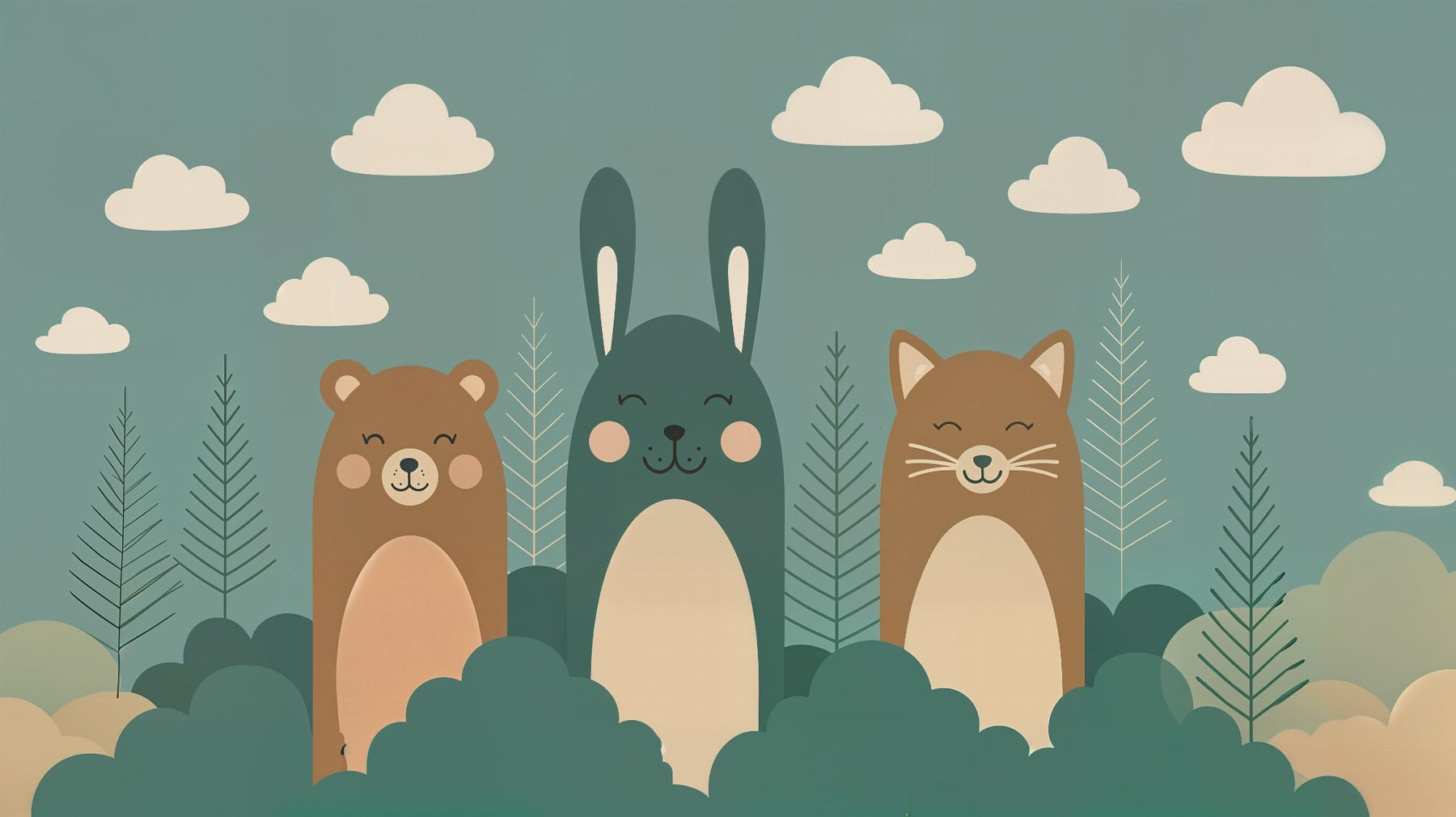 Detailed forest animals mural wallpaper design pattern featuring bear rabbit fox by Kids-Mundo