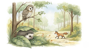 Detailed forest animals mural wallpaper design pattern showing owl hedgehog fox by Kids-Mundo