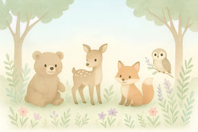 Detailed forest animals mural wallpaper design pattern with pastel woodland creatures by Kids-Mundo