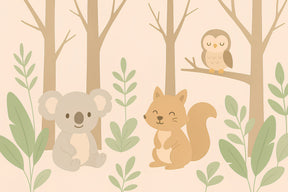 Detailed forest animals mural wallpaper design pattern with koala squirrel and owl by Kids-Mundo