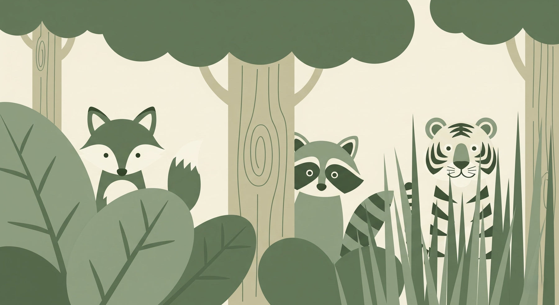 Detailed forest animals mural wallpaper design pattern with fox raccoon and tiger by Kids-Mundo