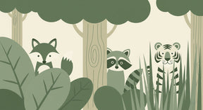 Detailed forest animals mural wallpaper design pattern with fox raccoon and tiger by Kids-Mundo