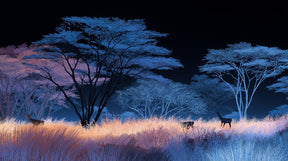 Detailed night forest animals mural wallpaper design pattern with blue trees by Kids-Mundo