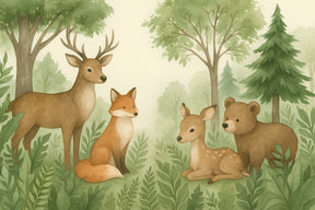 Detailed forest animals mural wallpaper design pattern showing deer, fox, fawn and bear by Kids-Mundo