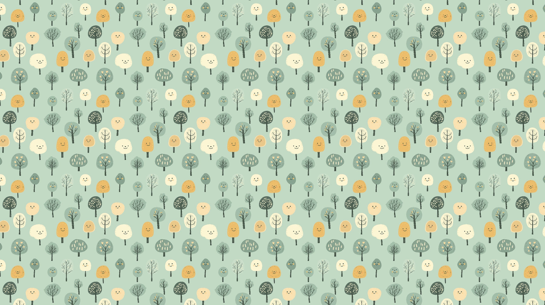 Detailed forest mural wallpaper design pattern with smiling trees by Kids-Mundo