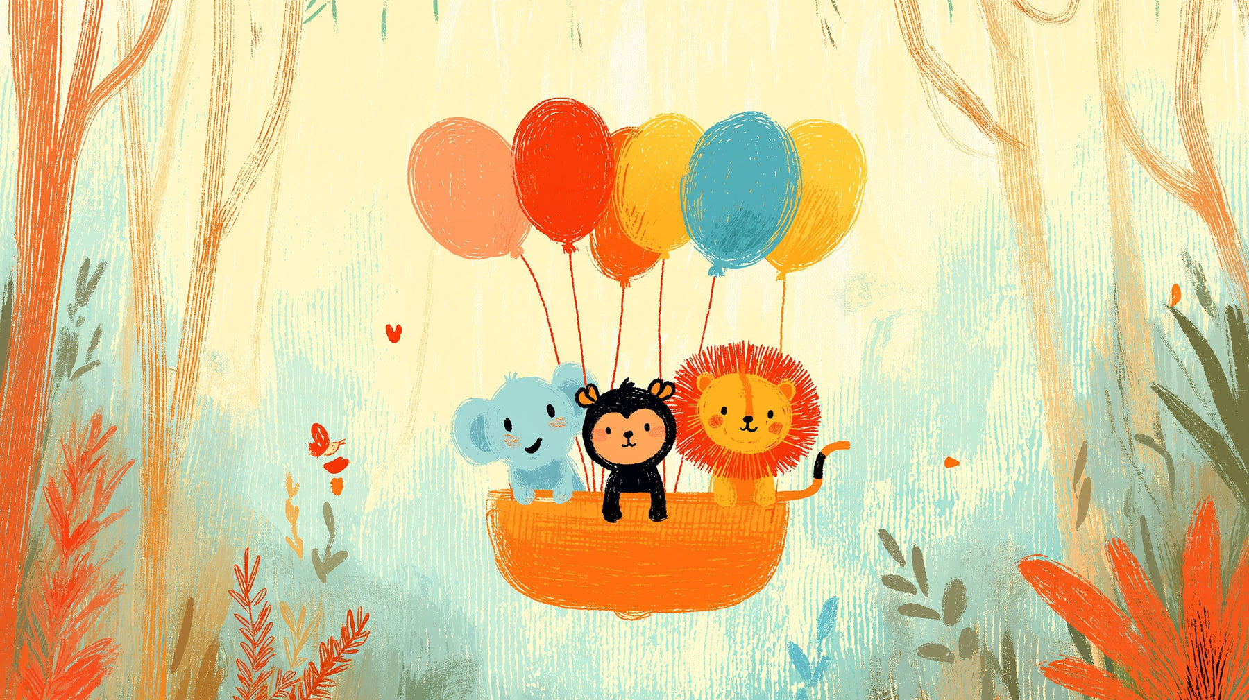 Detailed forest animals with balloons mural wallpaper design pattern featuring elephant lion monkey by Kids-Mundo
