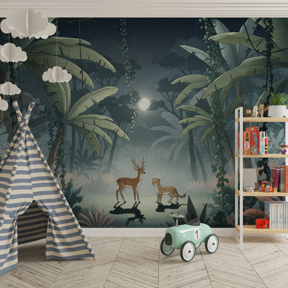 Deer and leopard wallpaper with tropical palm leaves for kids room decor