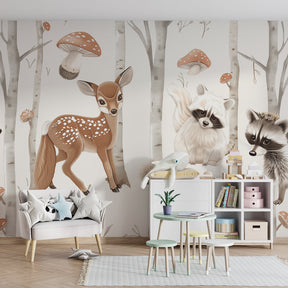 Black white woodland mural wallpaper creating peaceful children's bedroom with forest theme decor