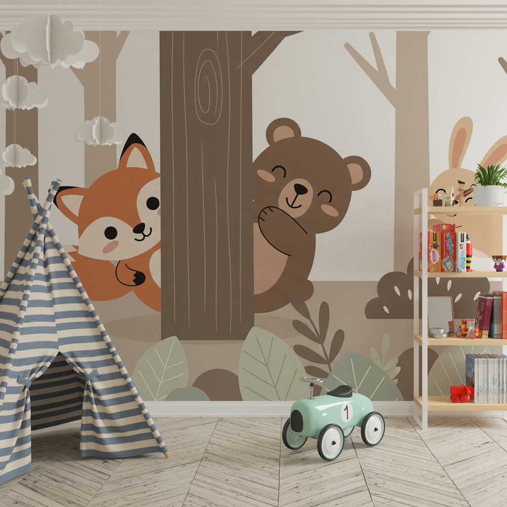 Woodland animals wallpaper creating peaceful children's bedroom atmosphere with natural decor