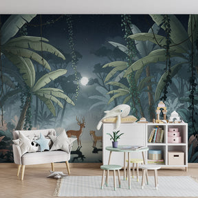 Moonlight safari wallpaper creating magical atmosphere in children's bedroom