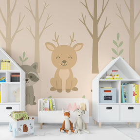 Woodland forest animals mural wallpaper with natural wood furniture in toddler room