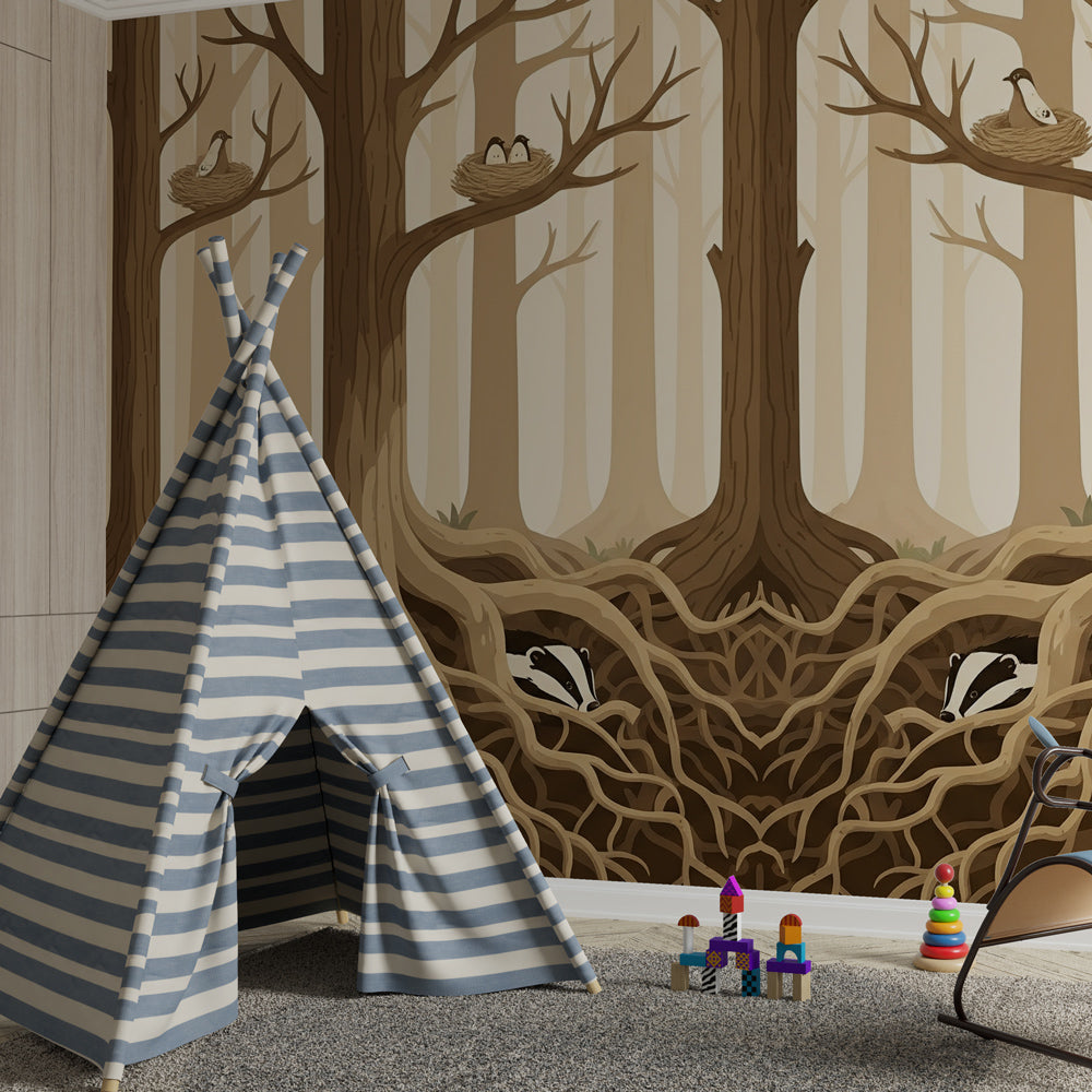 Peaceful forest mural wallpaper featuring badgers and bird nests in beige tones for kids room