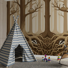 Peaceful forest mural wallpaper featuring badgers and bird nests in beige tones for kids room