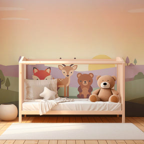 Forest animals mural wallpaper transforming toddler room into magical woodland sanctuary