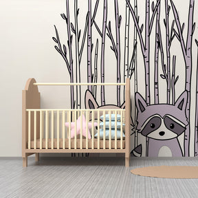 Nature-themed mural wallpaper featuring friendly forest animals for kids room