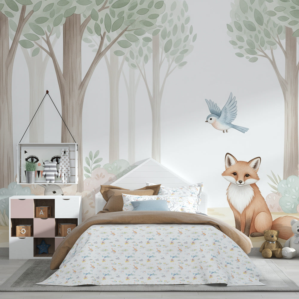 Magical forest theme mural wallpaper featuring woodland creatures for kids room by Kids-Mundo
