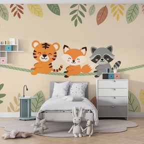 Tiger fox raccoon mural wallpaper transforming children's bedroom into magical forest