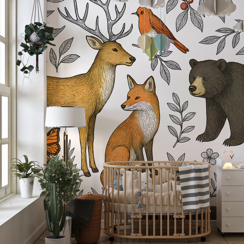 Forest theme mural wallpaper featuring deer fox bear and owl in children's room setting