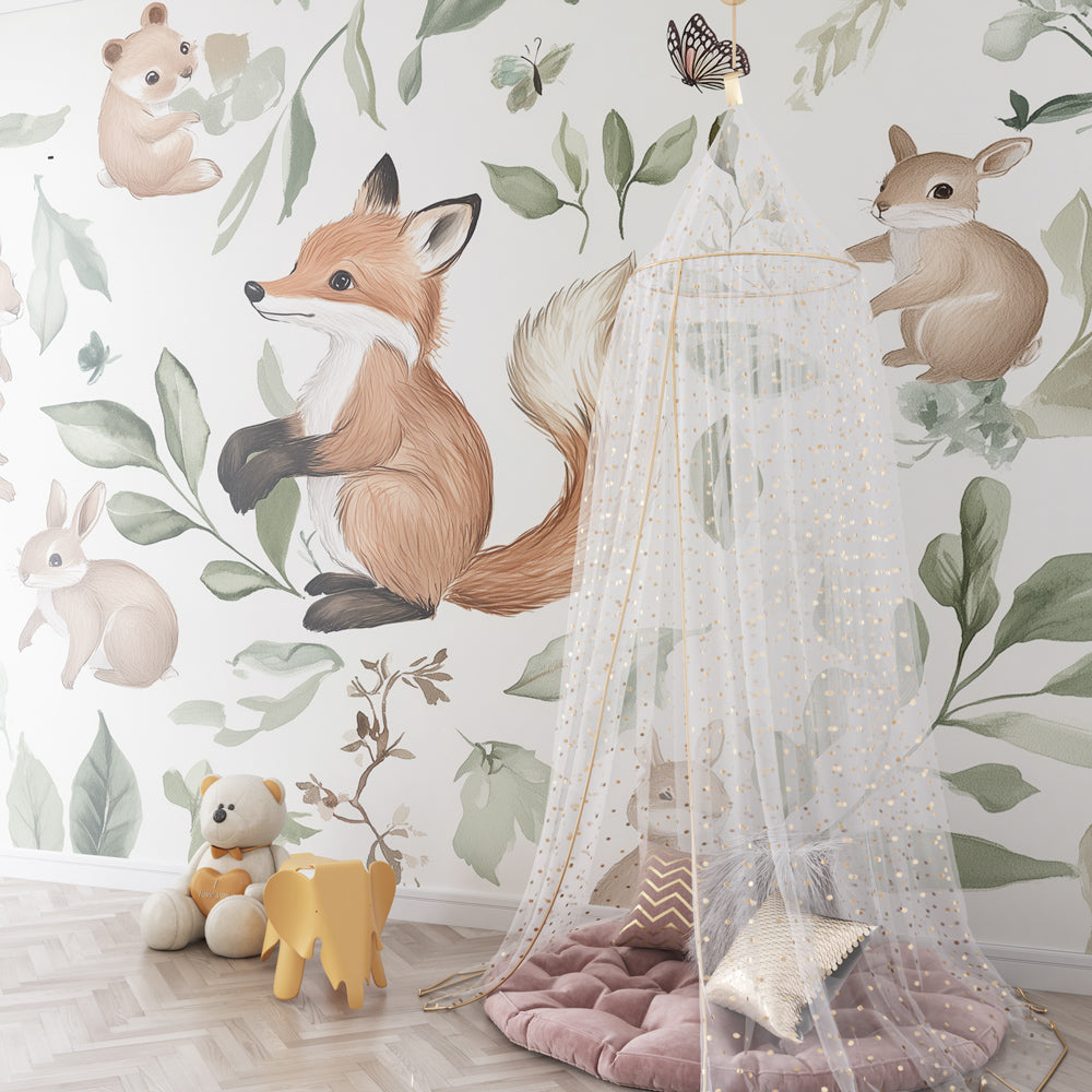 Green forest themed mural wallpaper with woodland creatures for kids room by Kids-Mundo