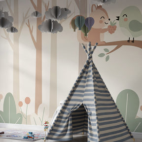 Nature inspired mural wallpaper featuring squirrel and bird in soft natural room lighting