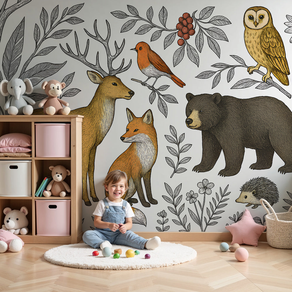 Forest animals mural wallpaper in modern nursery with natural wood crib by Kids-Mundo