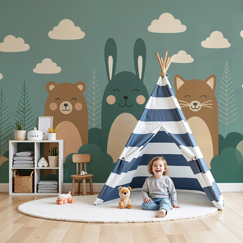 Forest animals mural wallpaper with bear rabbit fox in cozy nursery room by Kids-Mundo