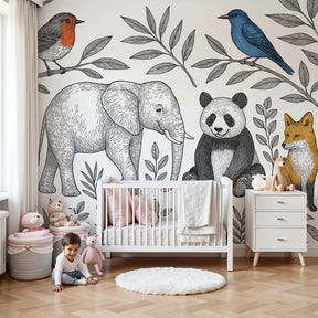 Forest animals mural wallpaper in modern nursery with black and white woodland creatures by Kids-Mundo