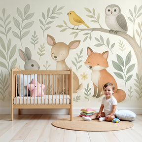 Forest animals mural wallpaper in peaceful nursery with woodland creatures by Kids-Mundo