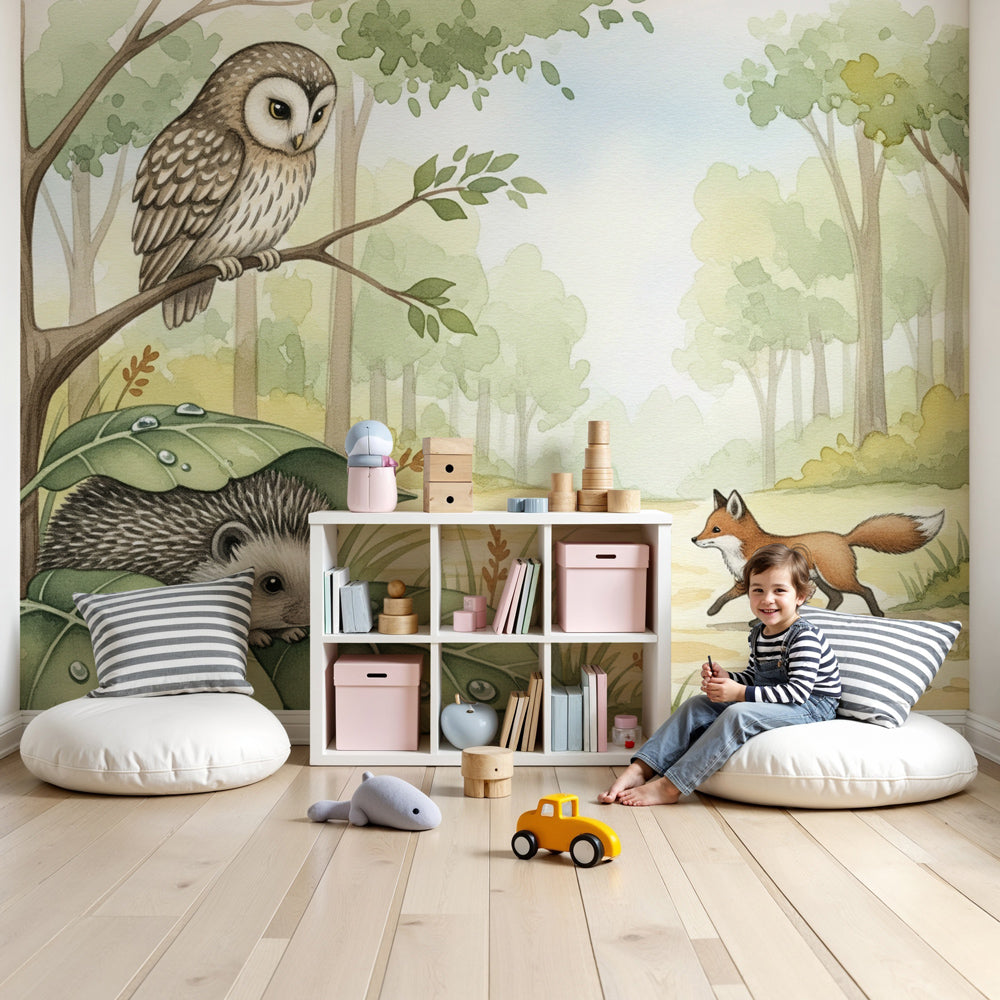 Forest animals mural wallpaper in cozy nursery setting with woodland creatures by Kids-Mundo