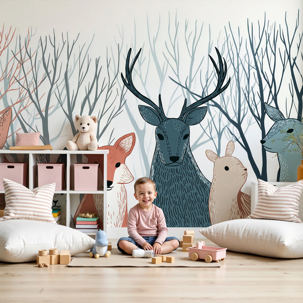 Forest animals mural wallpaper featuring deer fox and rabbits in peaceful nursery setting by Kids-Mundo