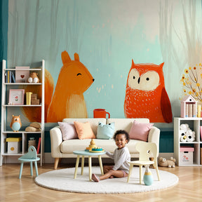 Forest animals mural wallpaper with fox and owl in cozy nursery setting by Kids-Mundo