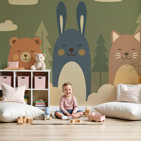 Forest animals mural wallpaper creating peaceful woodland nursery with bear rabbit and cat by Kids-Mundo