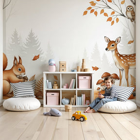Forest animals mural wallpaper with squirrel and deer creating magical nursery decor by Kids-Mundo