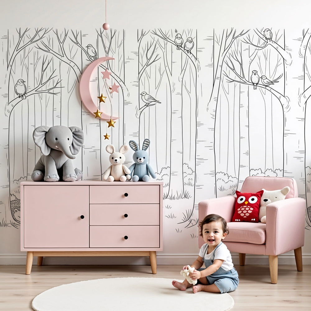 Forest animals mural wallpaper with hedgehogs and birds in modern nursery room by Kids-Mundo
