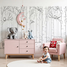 Forest animals mural wallpaper with hedgehogs and birds in modern nursery room by Kids-Mundo