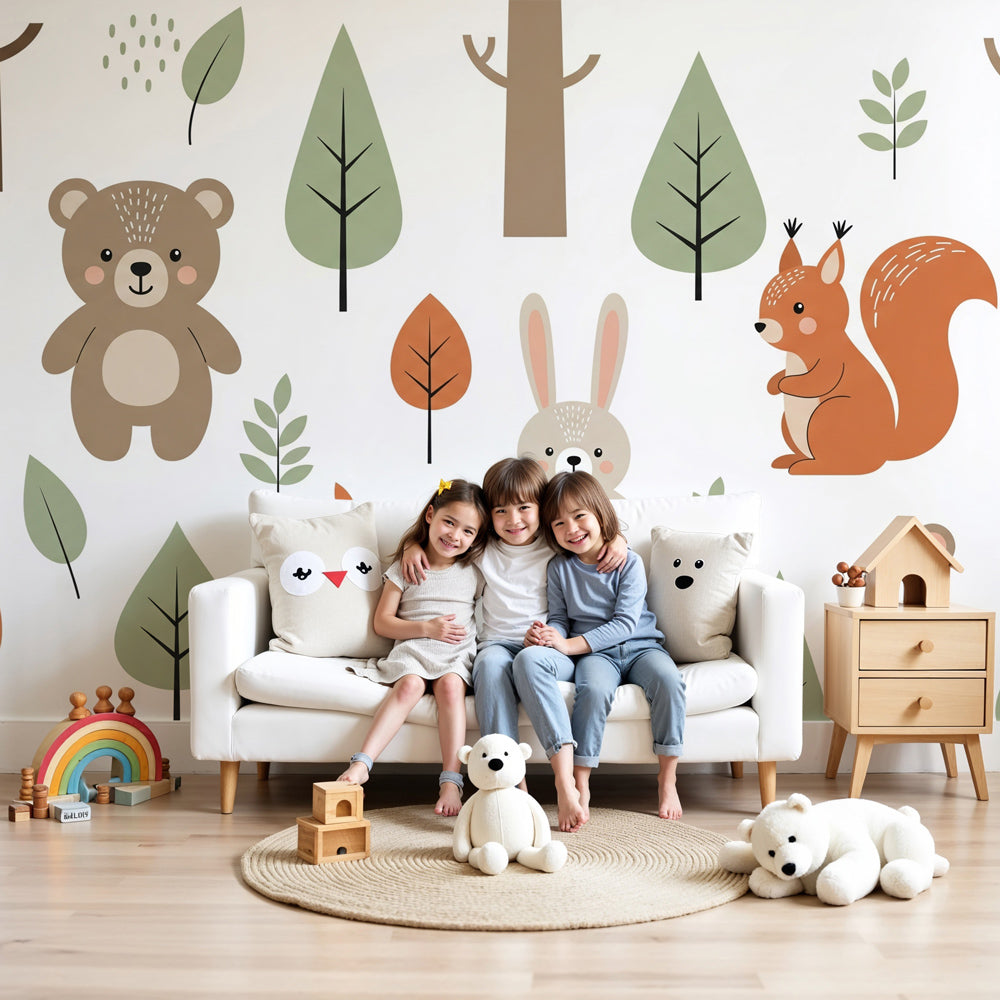 Forest animals mural wallpaper in sage green nursery with woodland creatures by Kids-Mundo