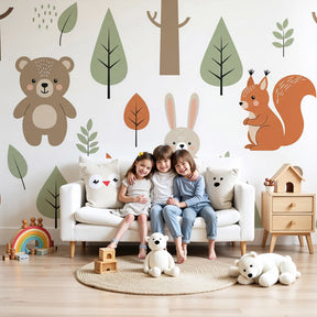 Forest animals mural wallpaper in sage green nursery with woodland creatures by Kids-Mundo