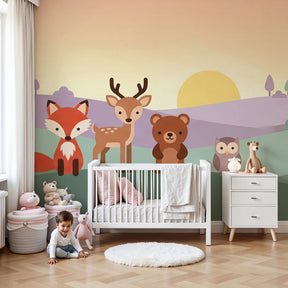 Pastel forest animals mural wallpaper in modern nursery with woodland creatures by Kids-Mundo